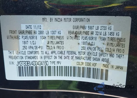 2013 Mazda Cx-9 Sport из США, поврежденный, VIN JM3TB3BV4D0404160